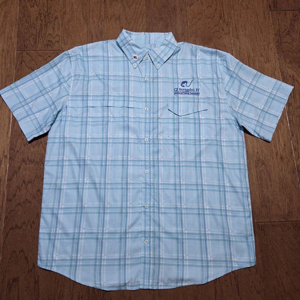 Huk Shirt Mens XL Blue Tide Point Plaid Fishing Lightweight Performance